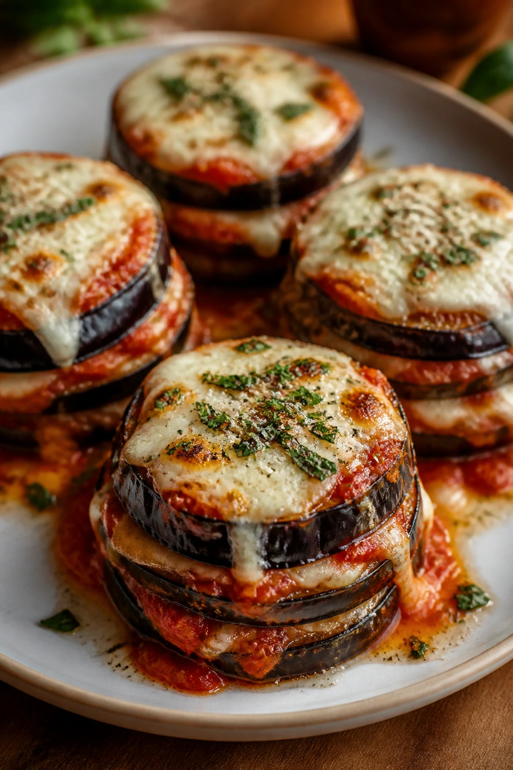 Close-up of eggplant parmesan stacks with mozzarella