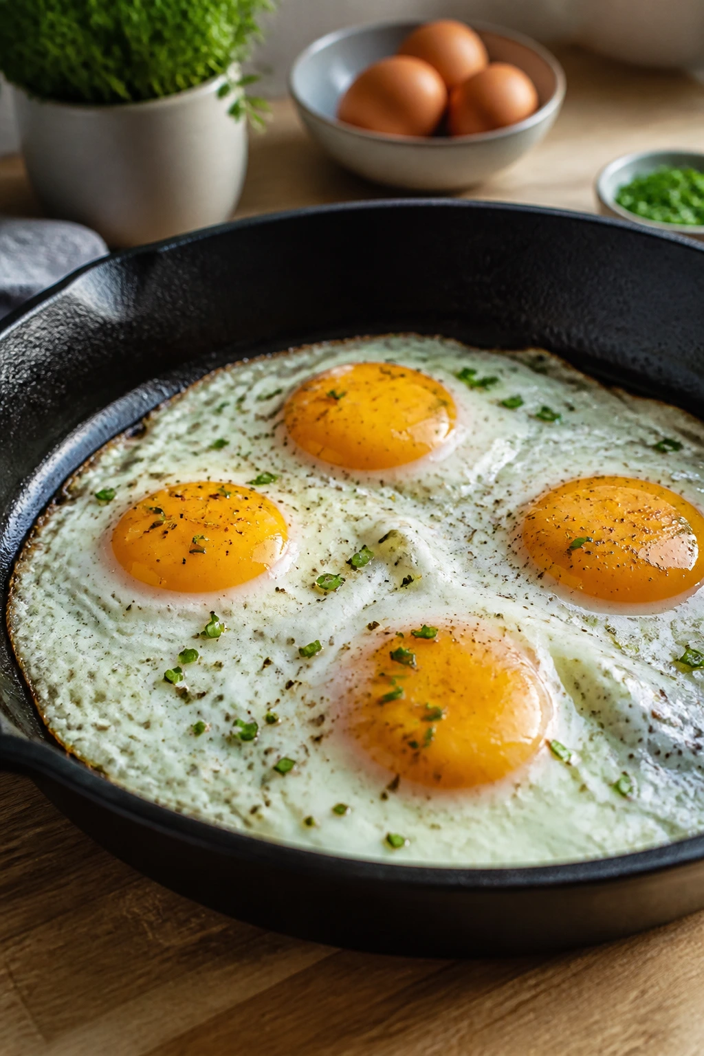 Close-up of eggs as the main protein on a plate in a cozy kitchen