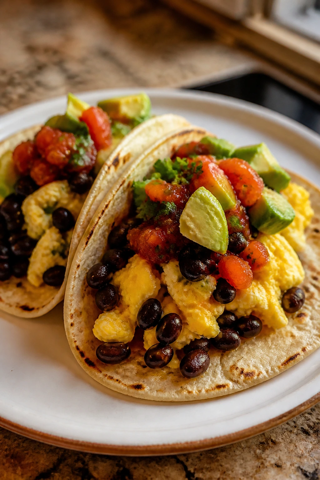 Open-faced breakfast tacos with eggs and black beans on a plate