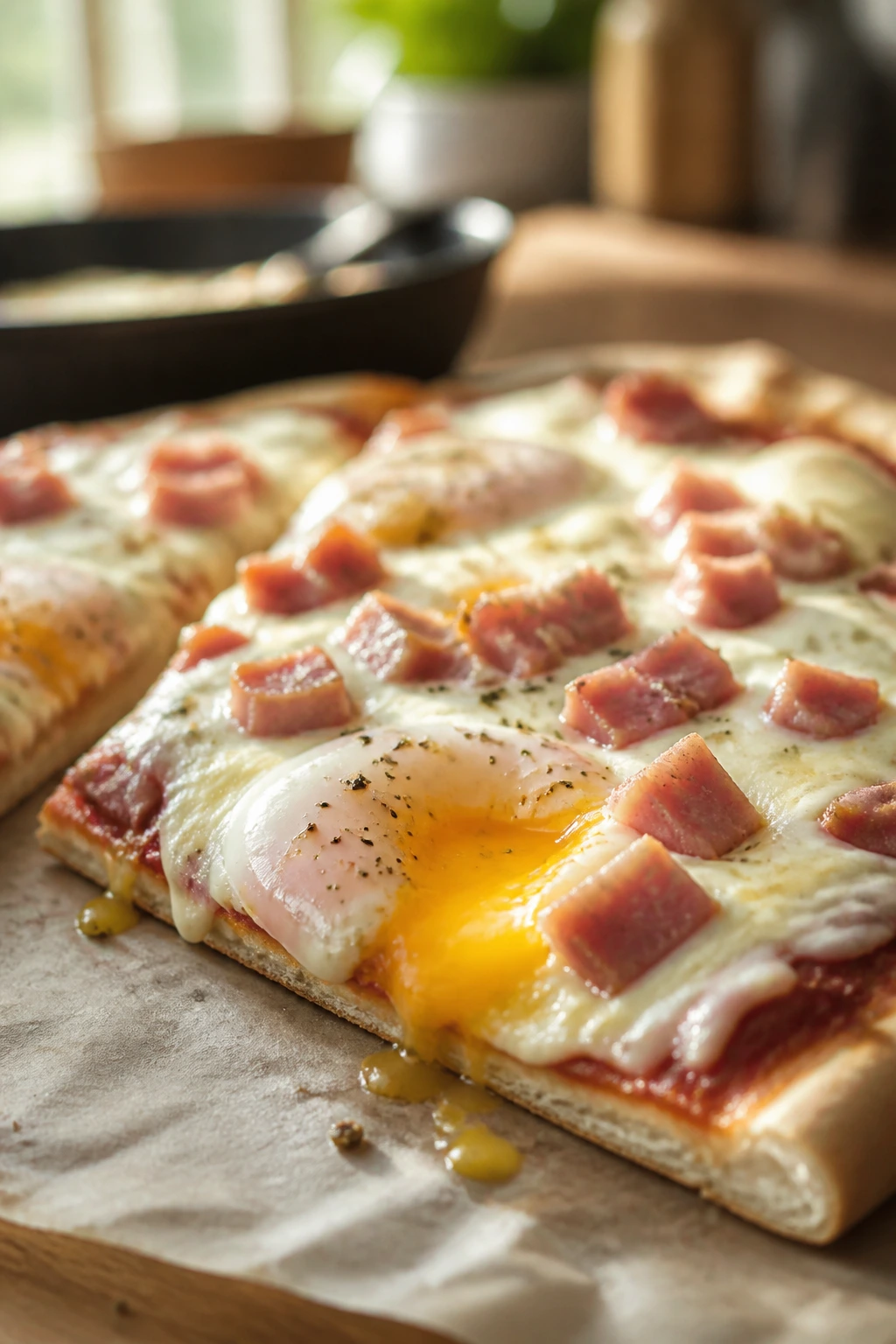 Close-up of breakfast pizza slice with eggs and ham on a parchment-lined stone surface