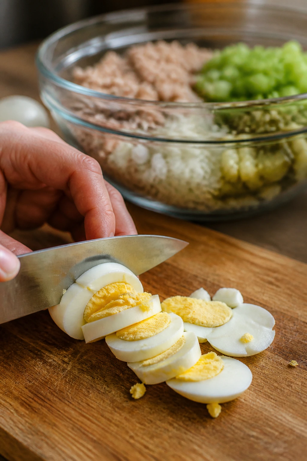 Hand slicing a hard-boiled egg on a cutting board, ready to build the salad