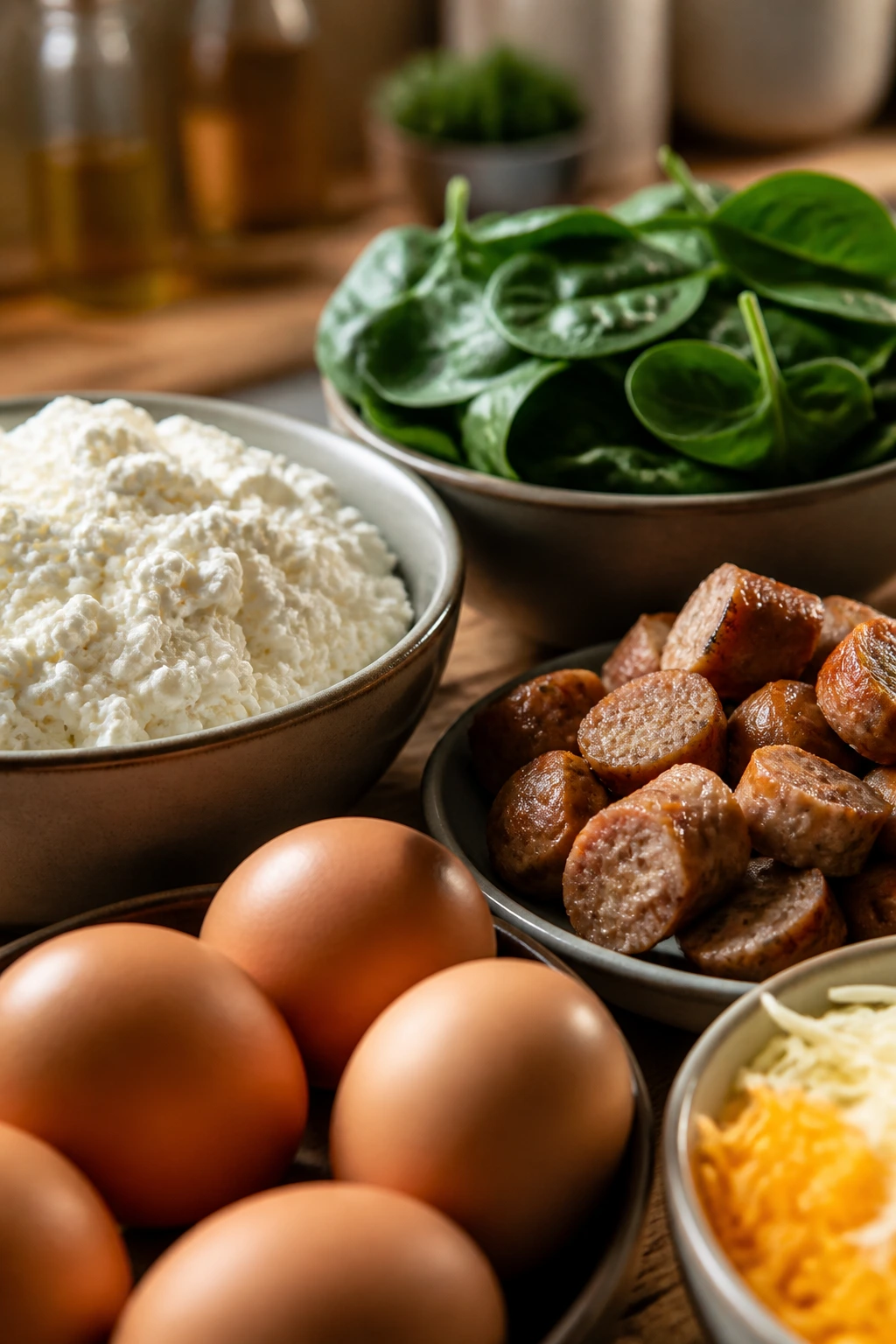 Close-up of core ingredients for cottage cheese breakfast bake.