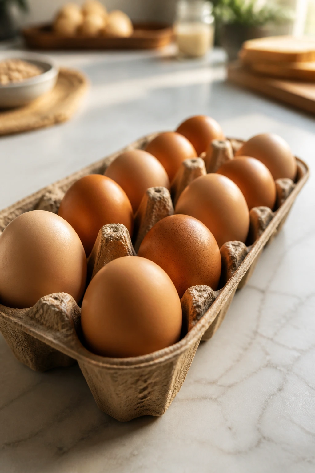 Close-up of eggs in a carton on a kitchen counter, illustrating smart shopping for breakfasts