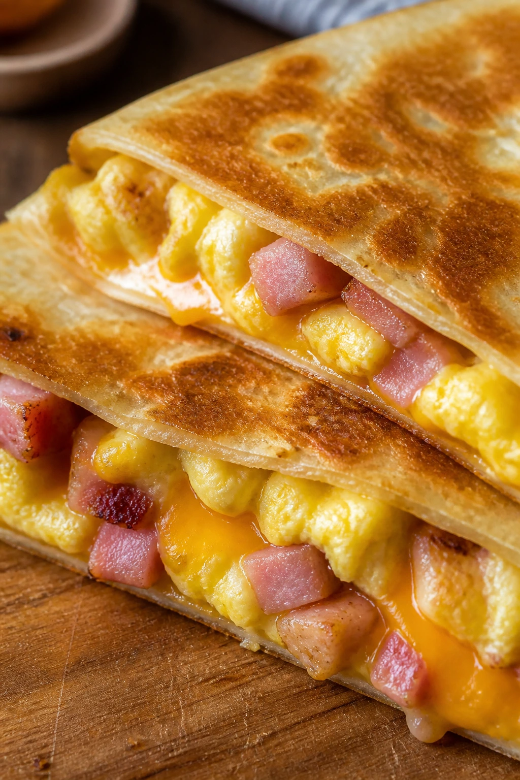 Close-up of breakfast quesadilla with eggs and ham
