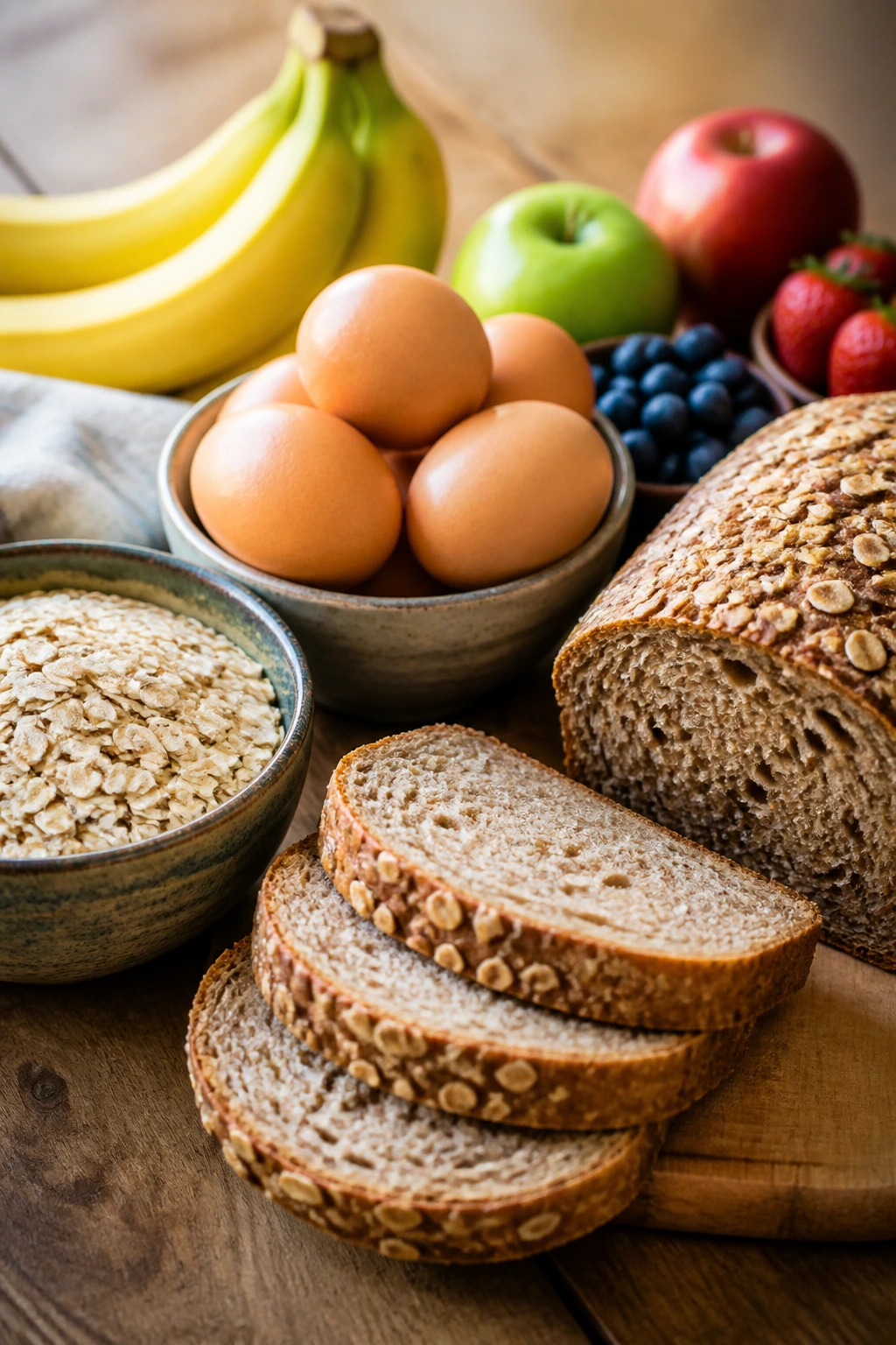 Breakfast-ready ingredients: oats, eggs, bread, and fruit on table