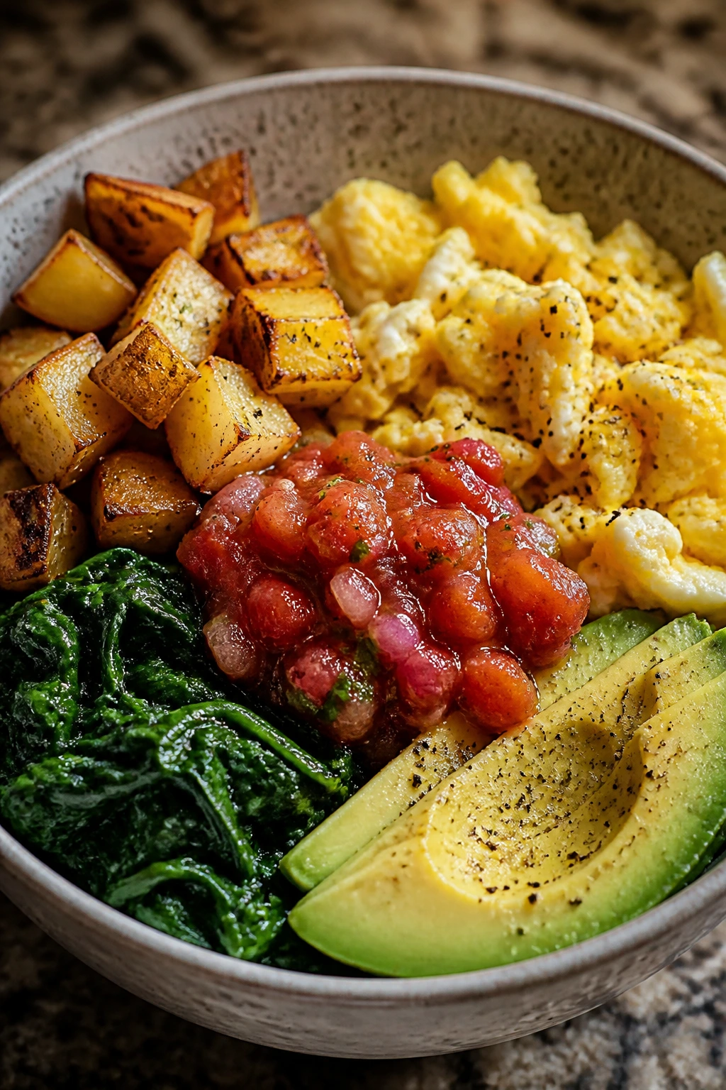 Close-up of Savory Breakfast Egg Potato Bowl with eggs and potatoes