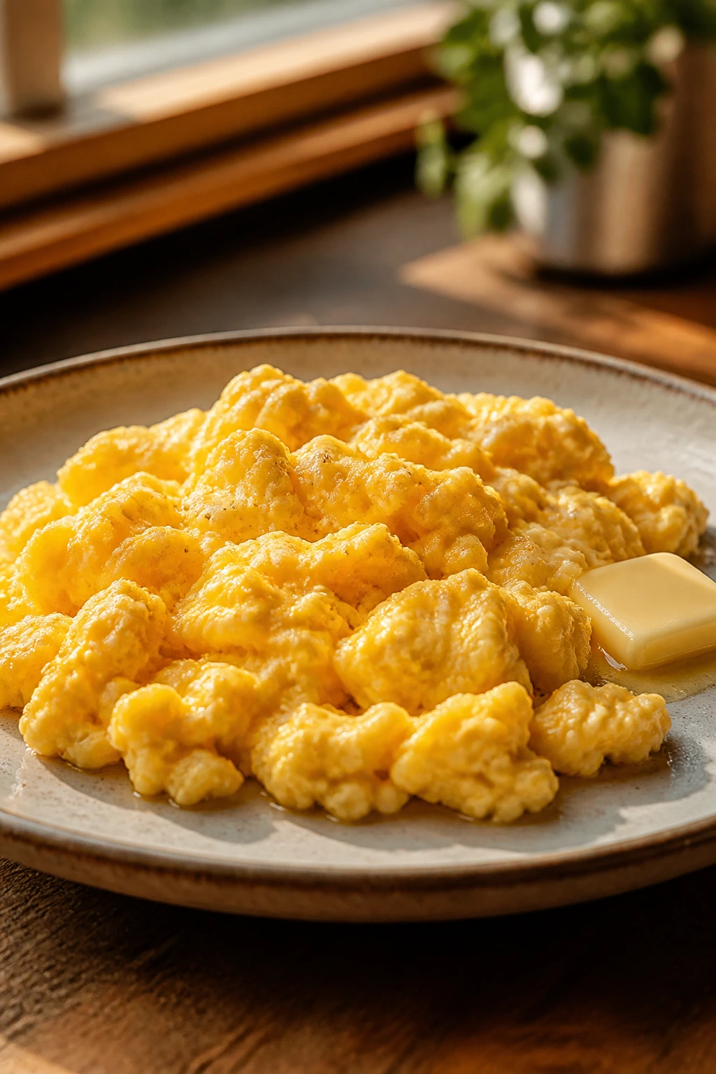 Close-up of scrambled eggs on a rustic plate in a kitchen