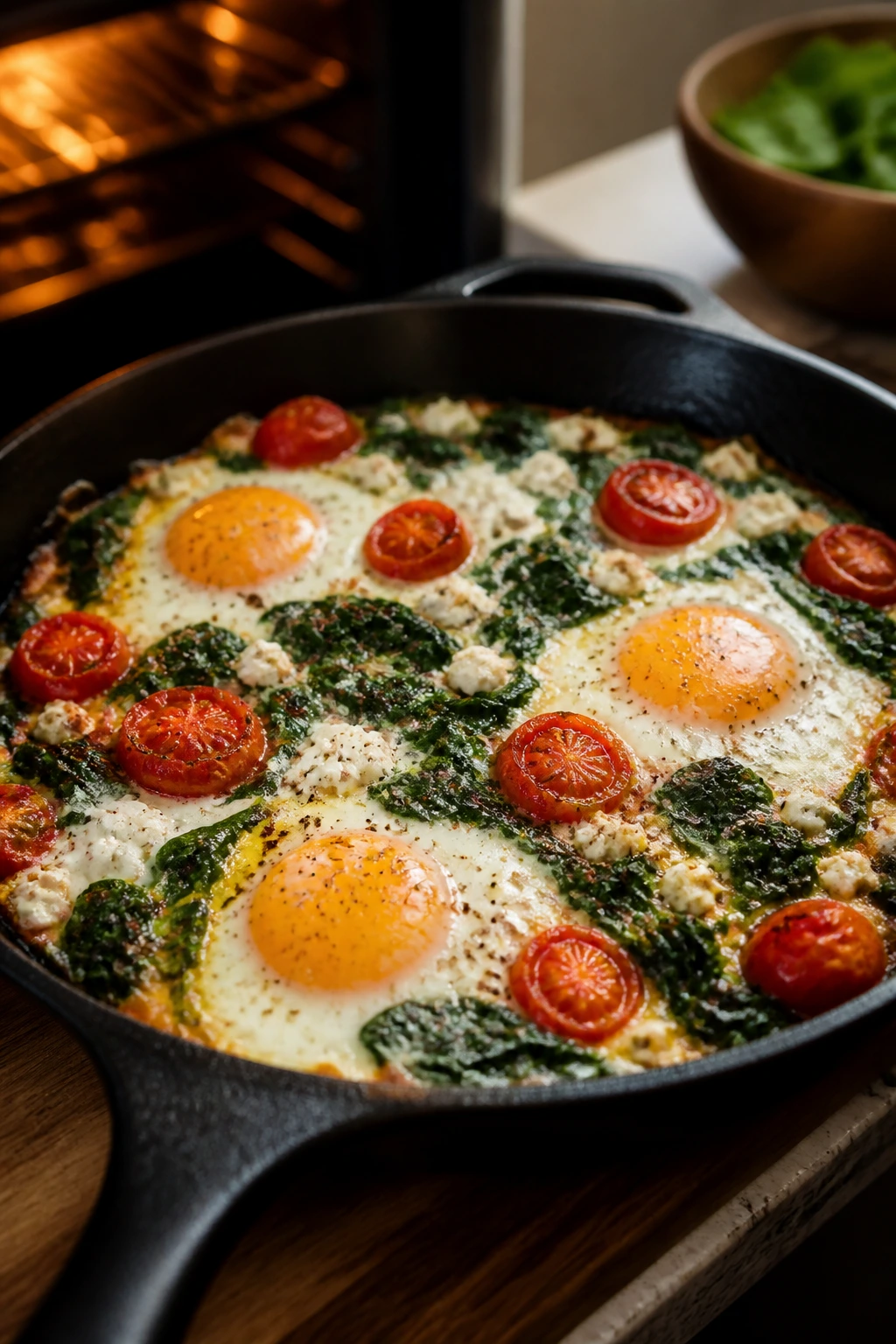 Close-up of spinach and feta baked eggs in a skillet fresh from the oven.