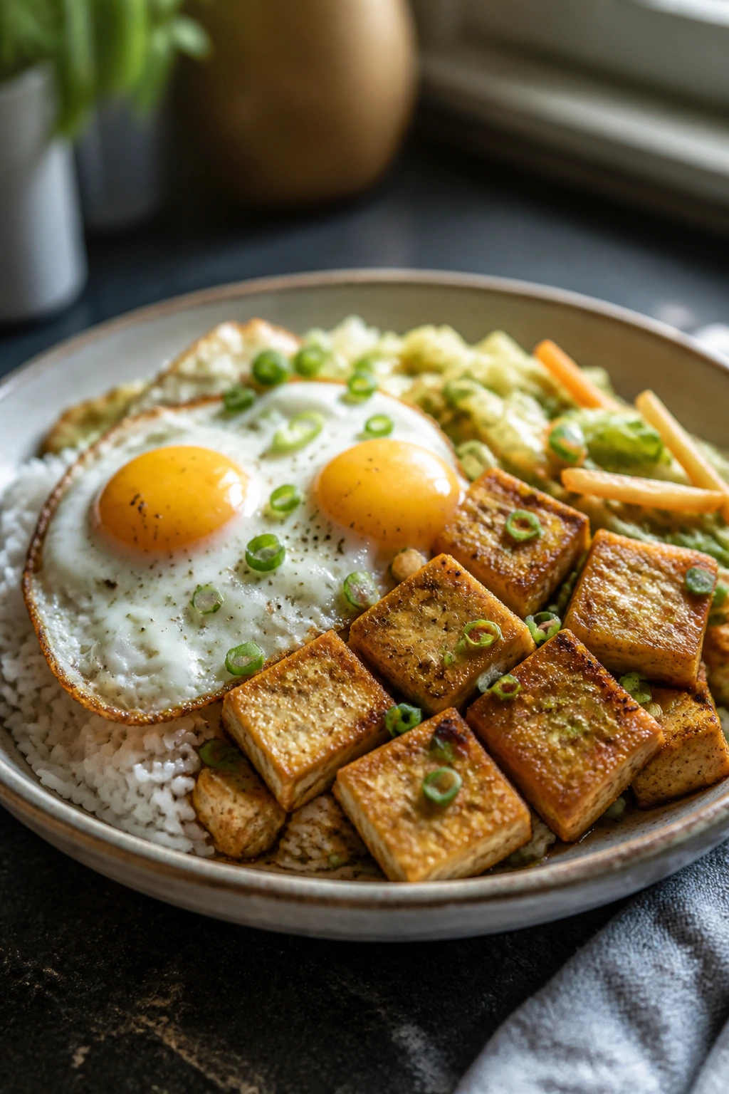 Close-up plate with eggs and tofu over rice as budget protein main