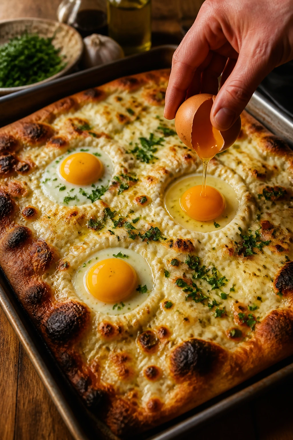Pizza with eggs in wells, yolks glossy and whites set on a cheese base