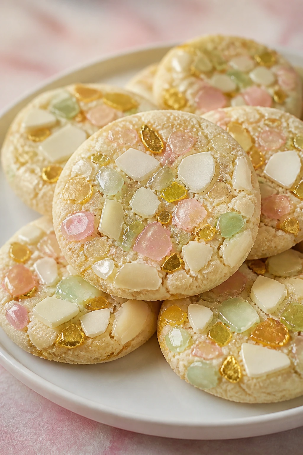 Pale mosaic cookies with crackled pattern on plate