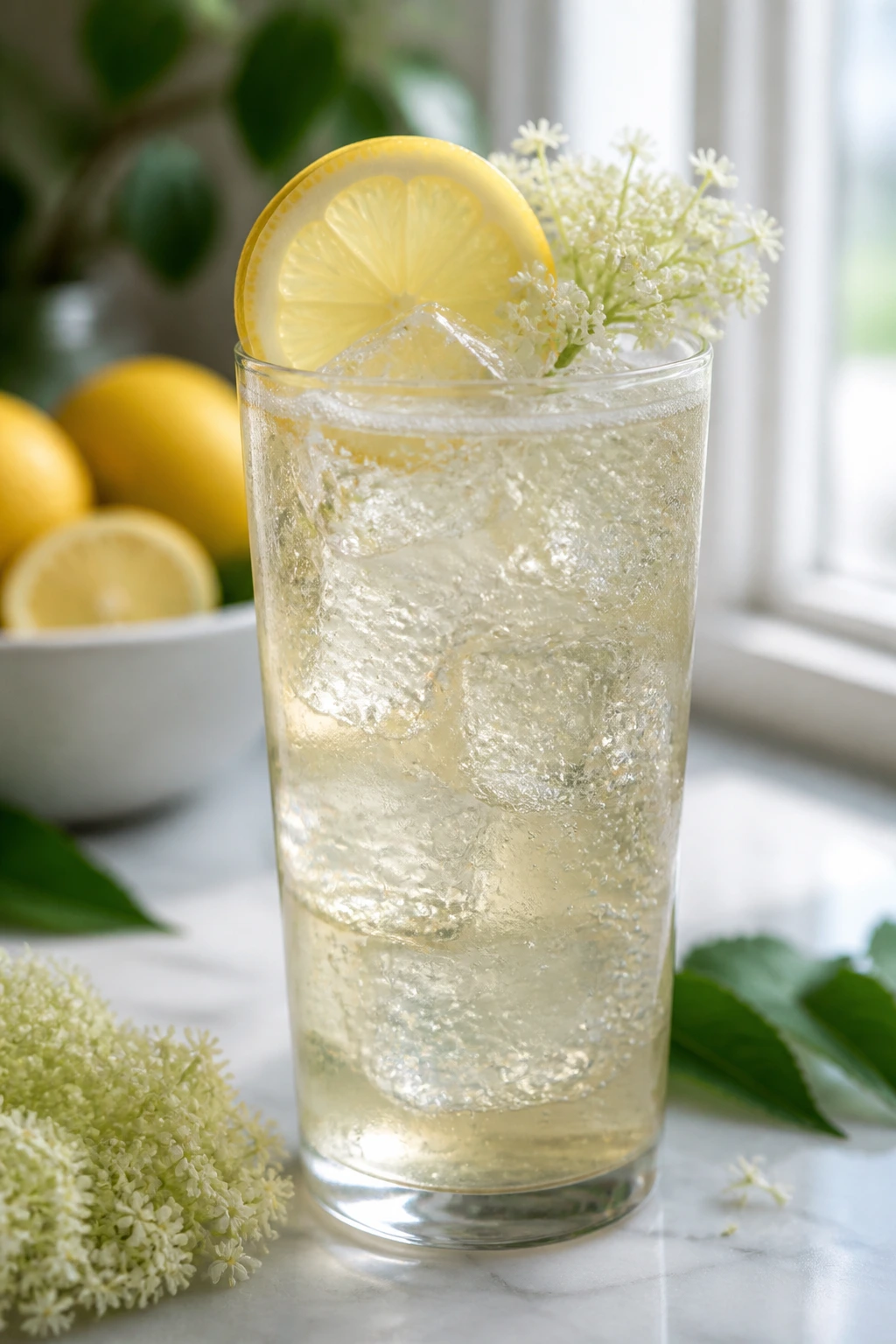 Close-up of Elderflower Gin Fizz in a tall glass with lemon wheel and bubbles