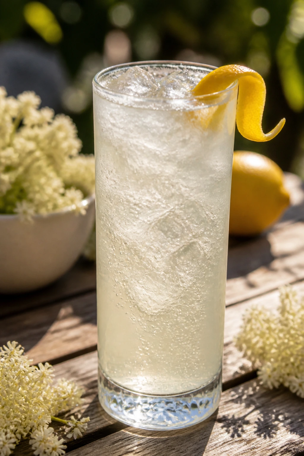 Close-up of pale sparkling Elderflower Gin Fizz with lemon twist on outdoor table