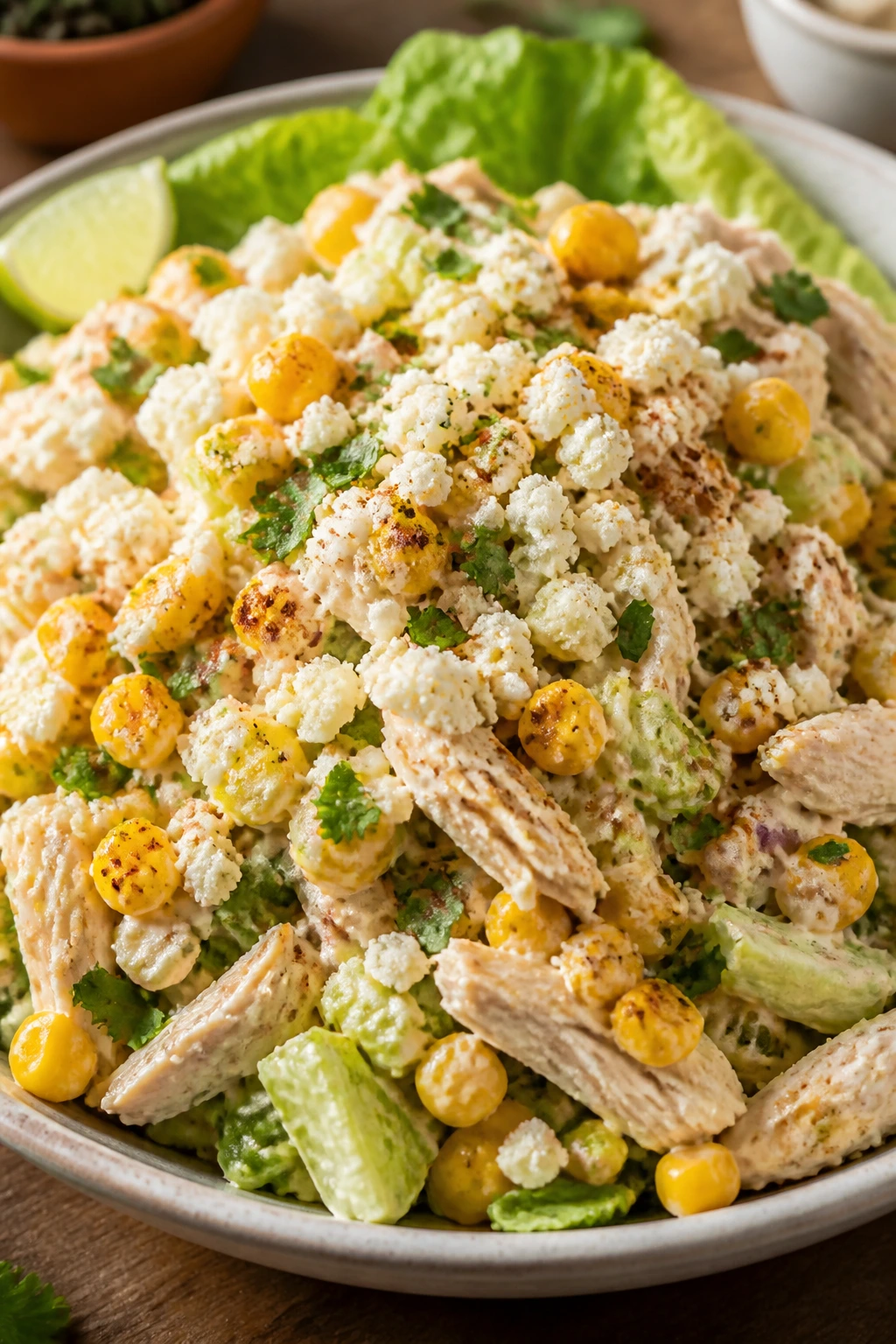 Close-up of elote chicken salad on a plate with corn and cotija
