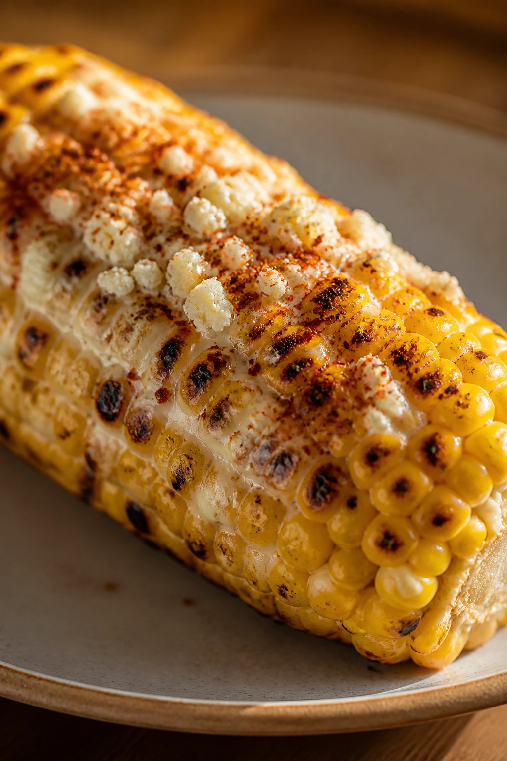 Close-up of corn cob with mayo, cotija, and chili powder