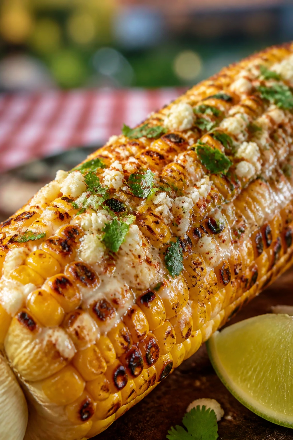 Elote-style grilled corn cob with cotija and lime outdoors