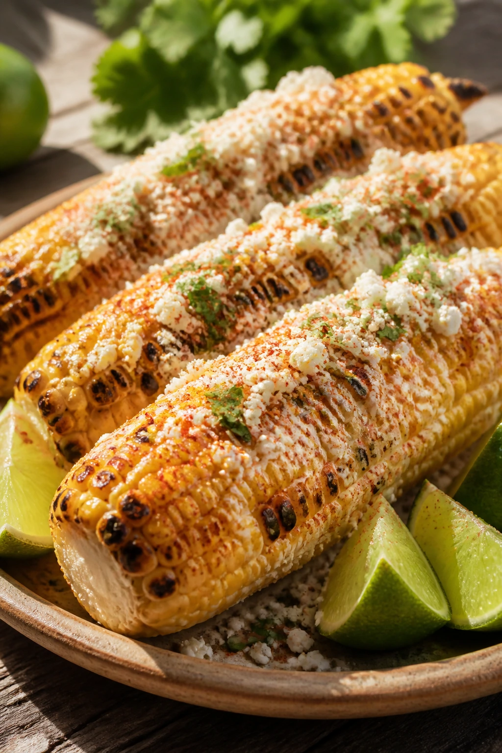 Grilled elote with cotija and lime on a rustic plate outdoors