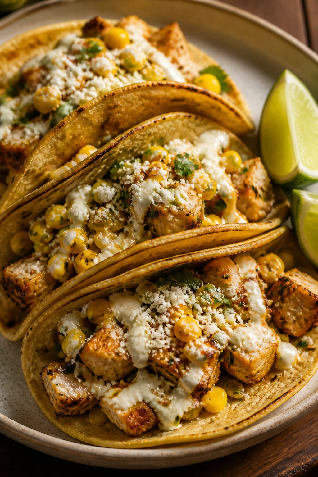 Elote-style chicken tacos on a plate