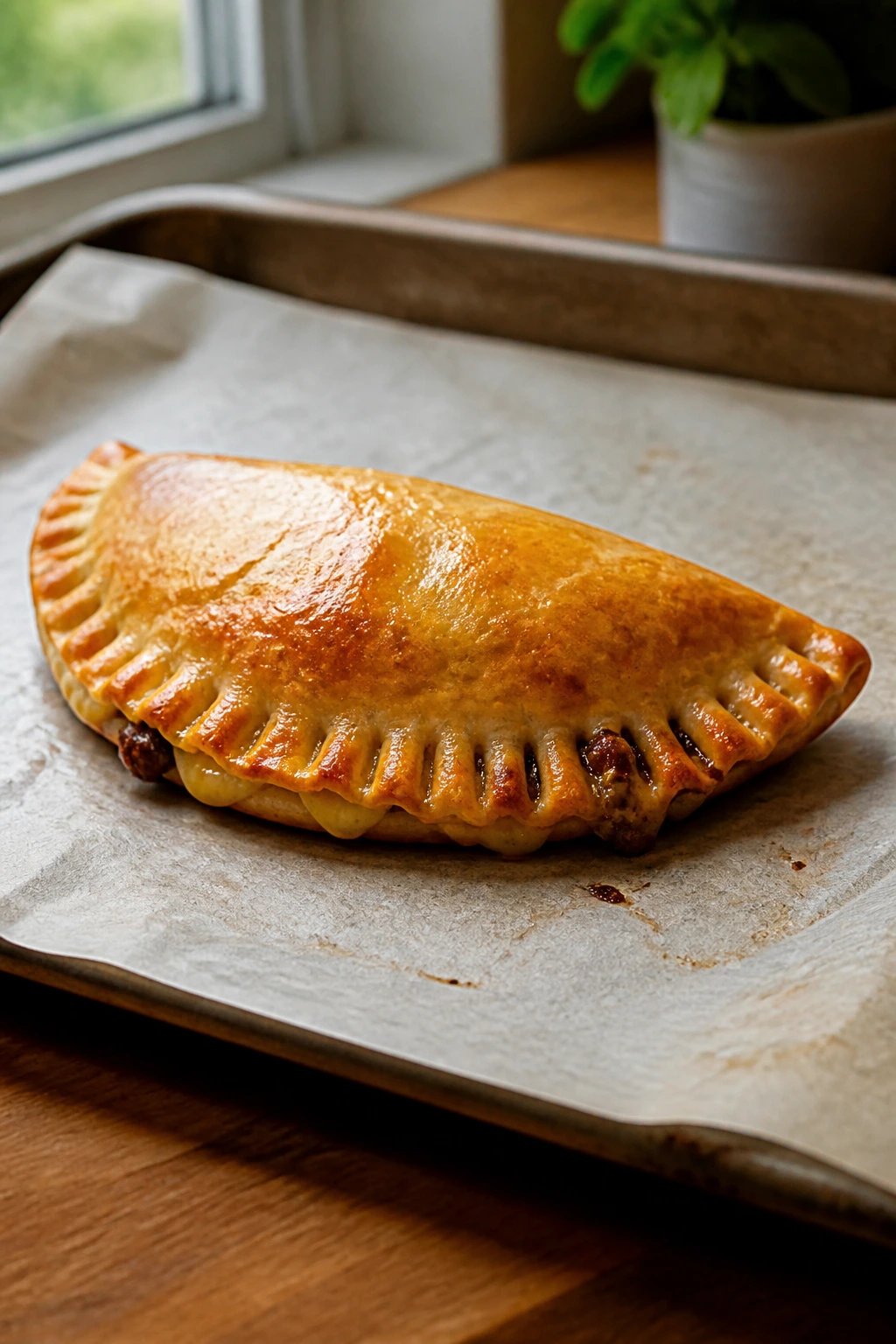 Close-up of a beef and cheese empanada on a wooden counter in a warm kitchen