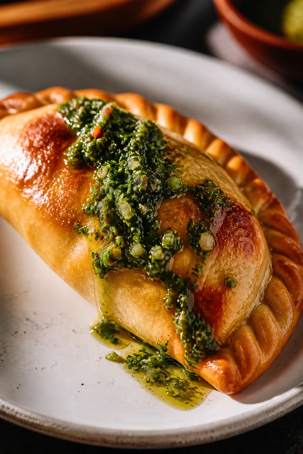 Empanada with finishing sauce drizzled on top