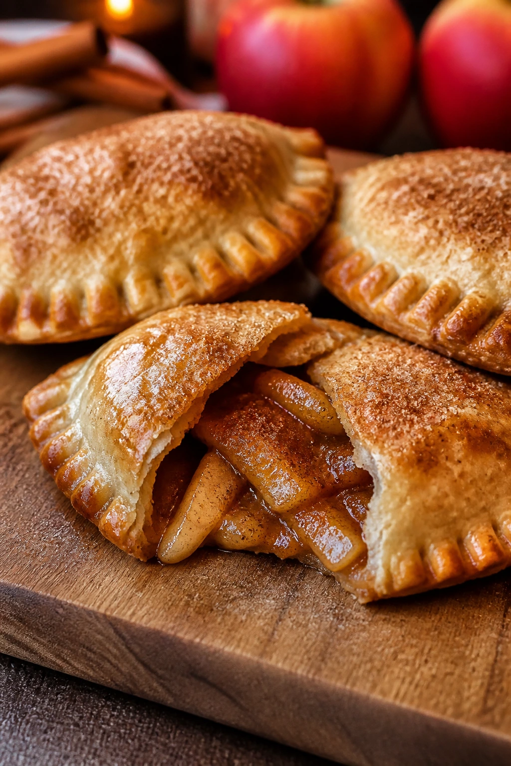 Golden apple cinnamon empanadas on a wooden board