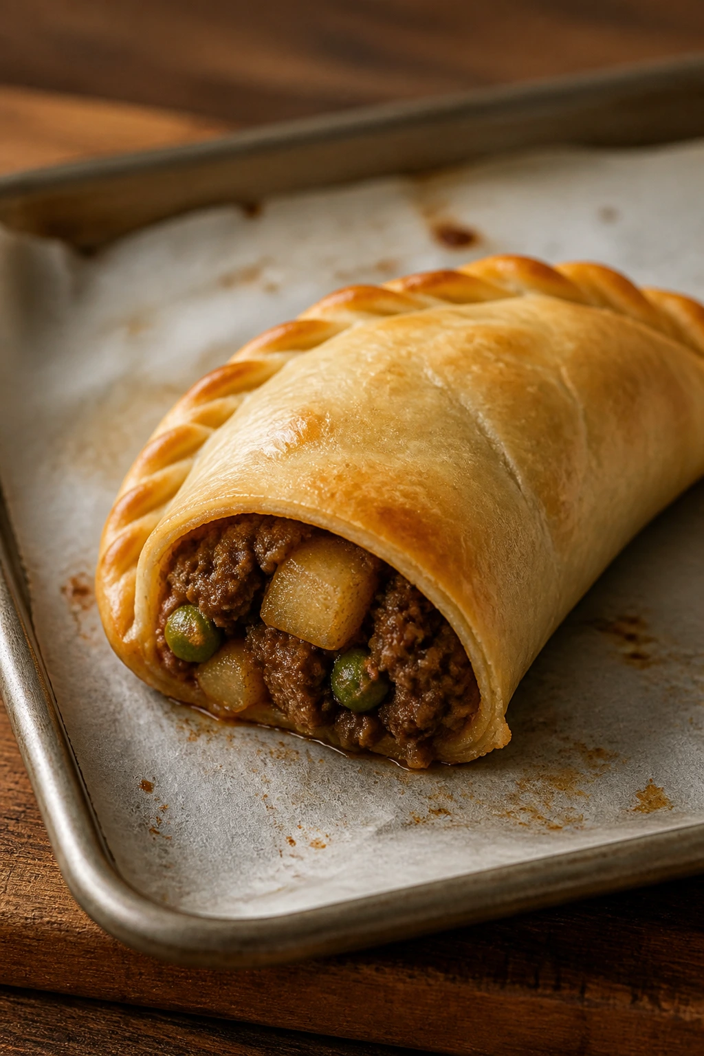 Golden beef empanada with crimped edge and visible filling.