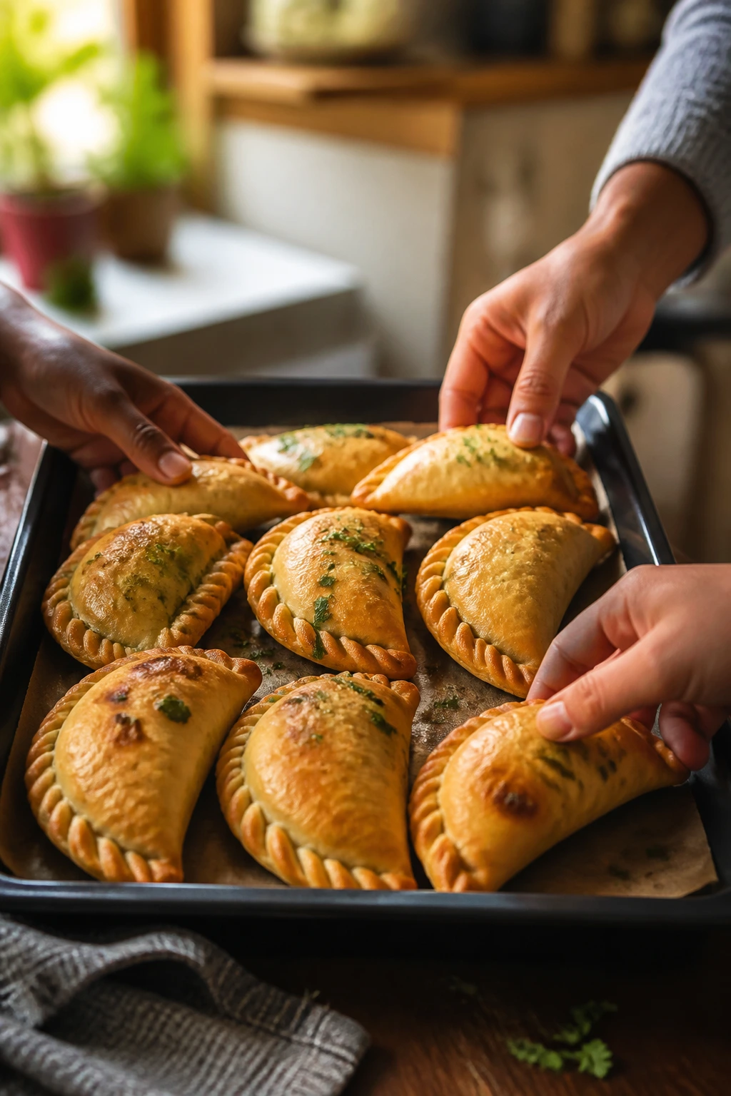 Close-up of empanadas on a tray in a cozy kitchen with hands reaching for handheld pockets