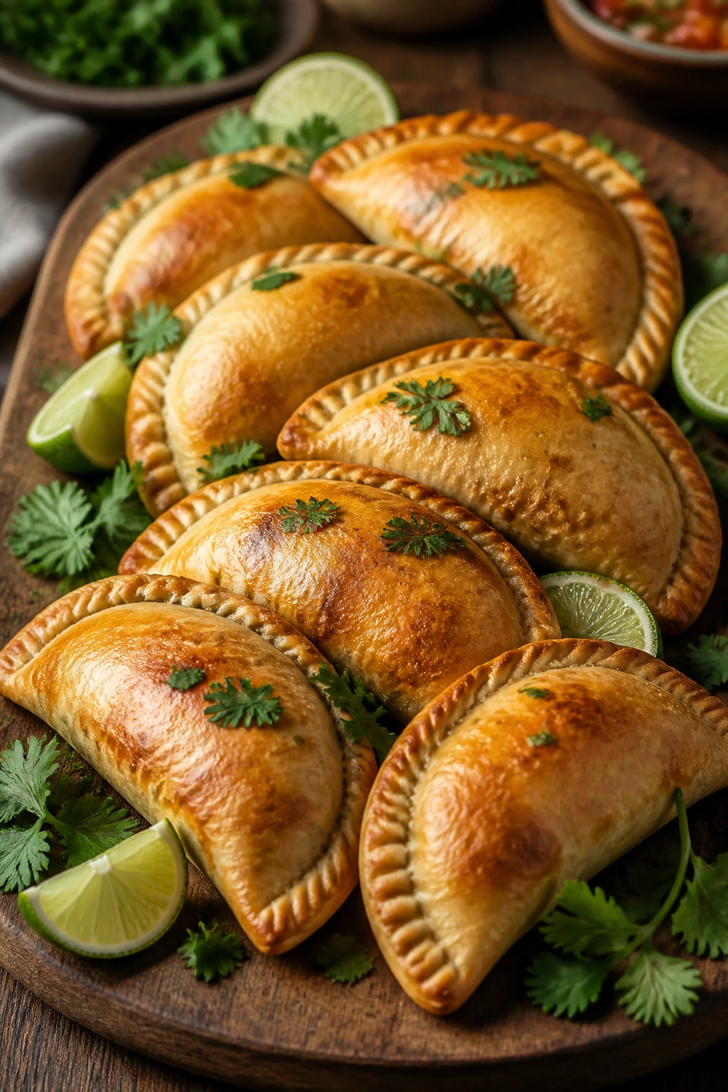 Empanadas on wooden board with herbs and lime wedges