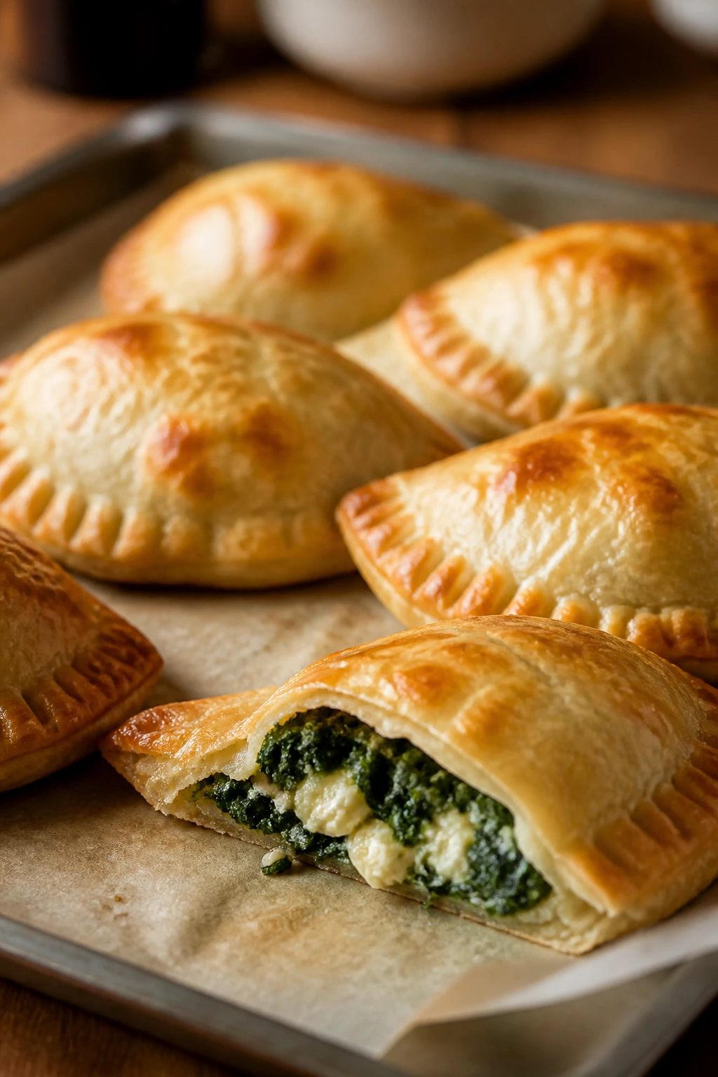 Close-up of spinach and cheese empanadas on parchment