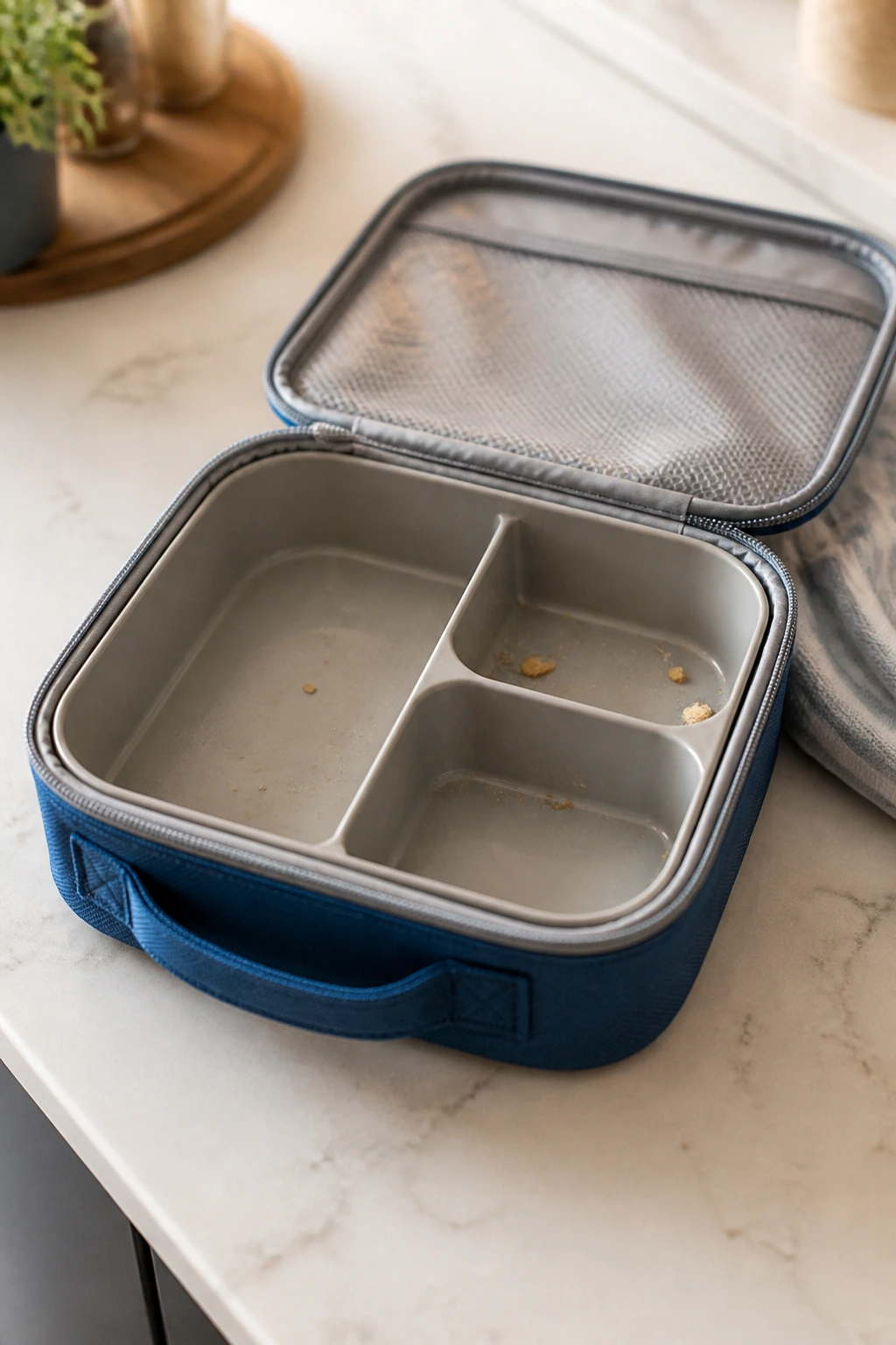 Close-up of an empty lunchbox on a kitchen counter with a few crumbs