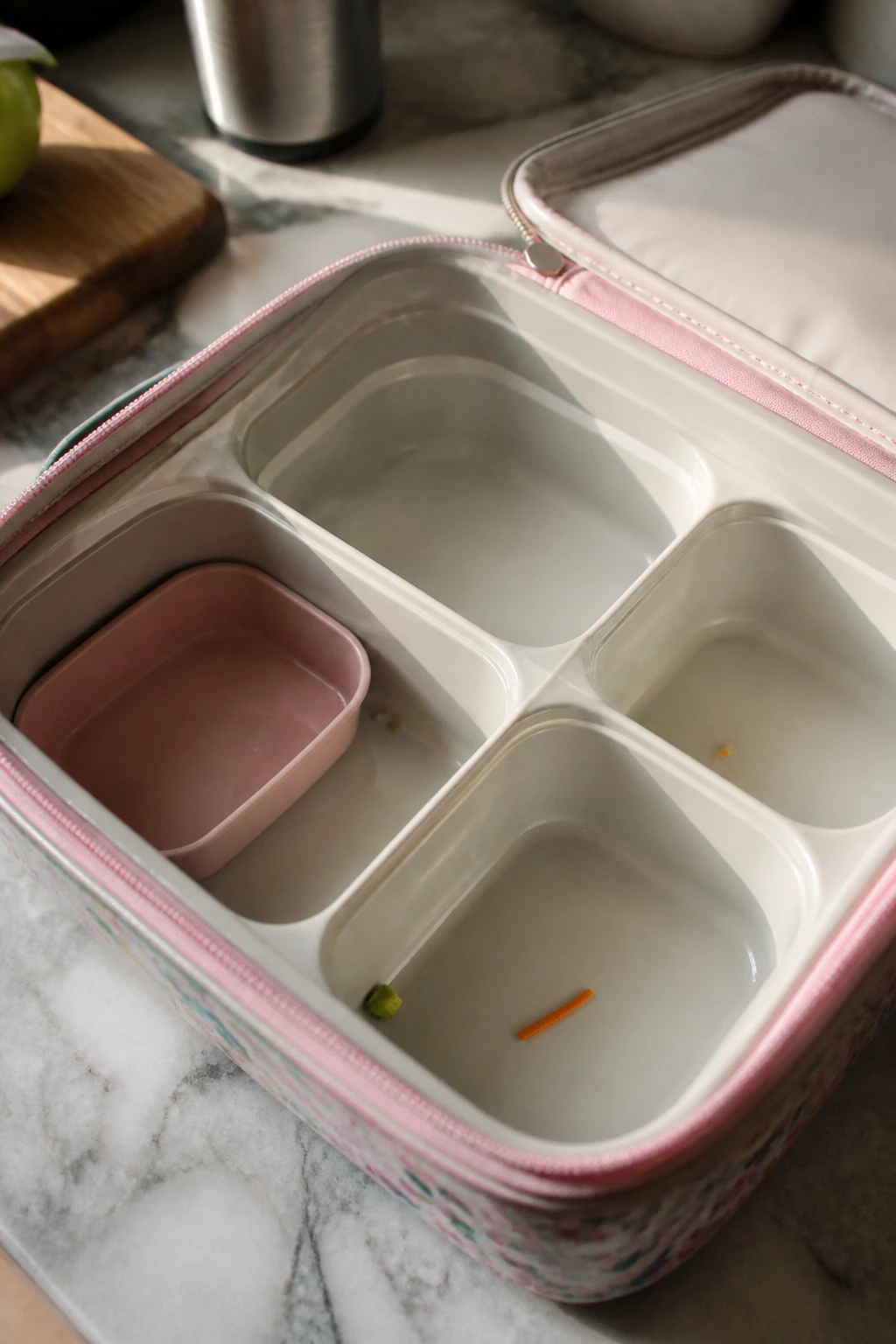 Open lunchbox with empty compartments on a kitchen counter