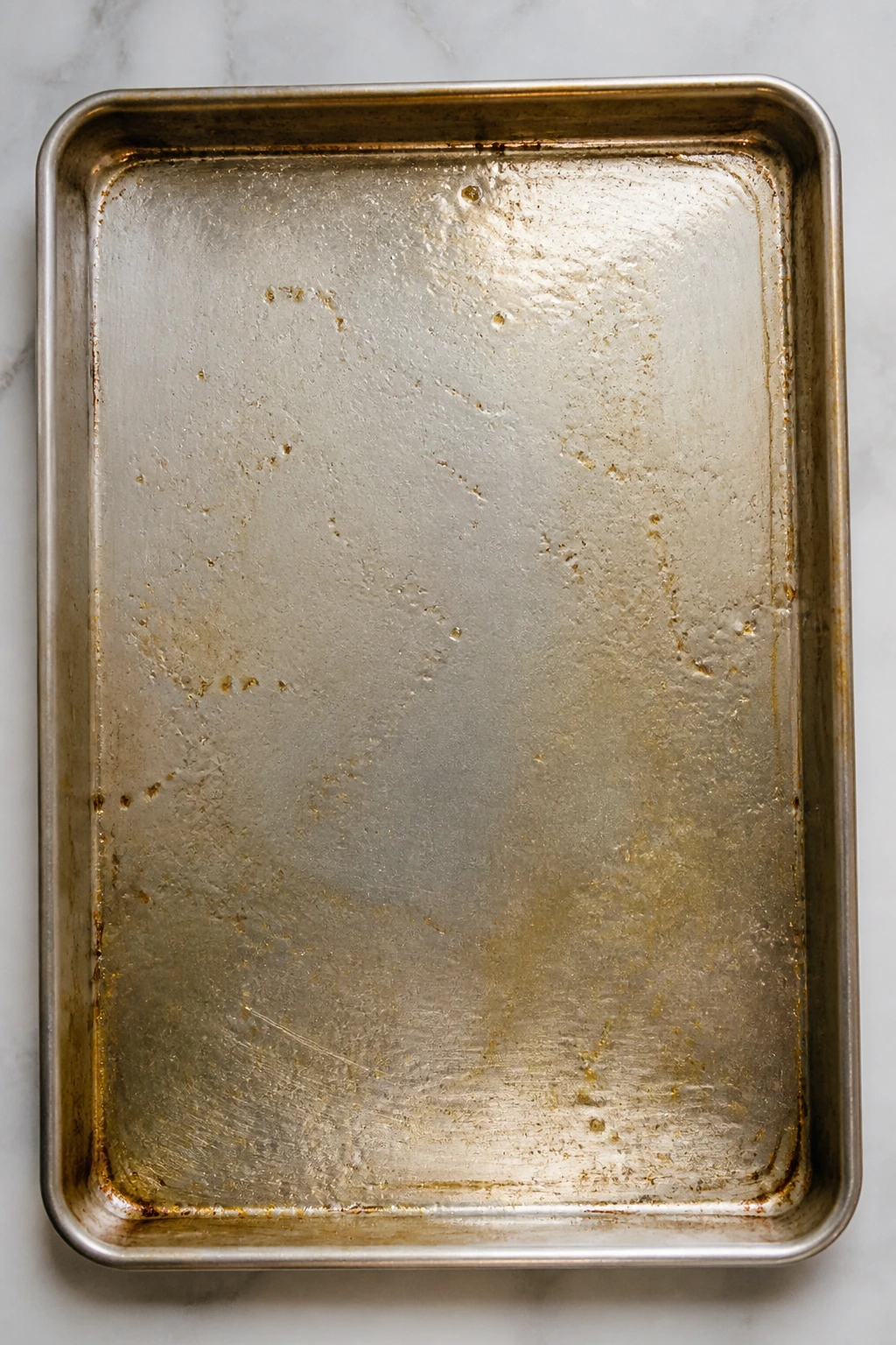 Top-down view of an empty baking pan on a kitchen counter