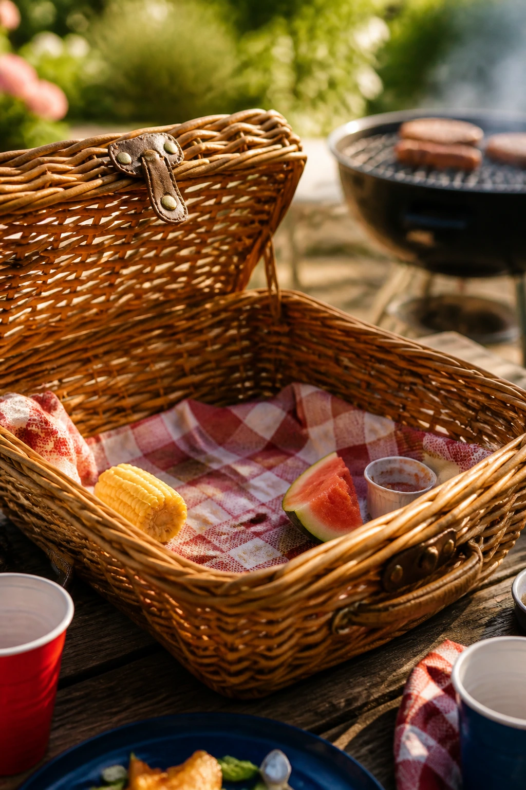 Wicker basket nearly emptied after a fast backyard cookout