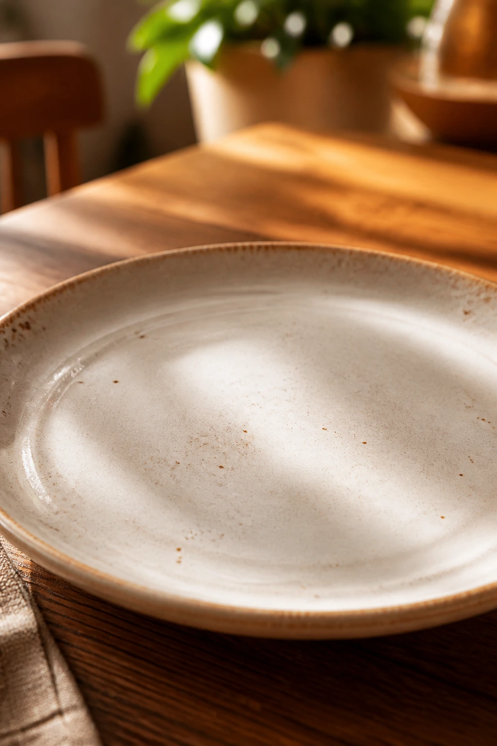 Empty plate on a warm dining table illustrating the Empty-Plate Test for filling meatless meals