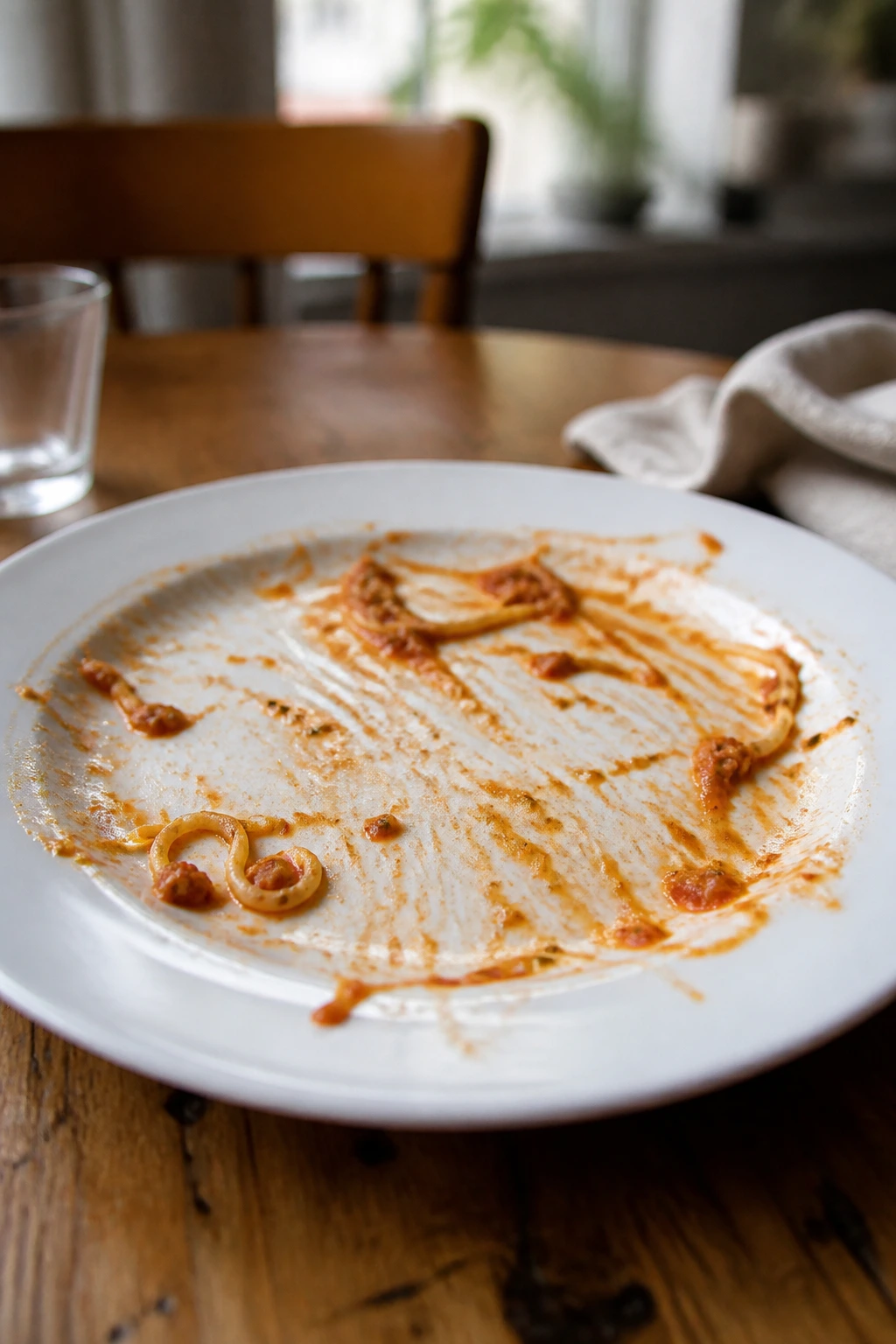 Close-up of an almost-empty plate on a wooden table with tiny pasta remnants, evoking kid-friendly healthy dinners.