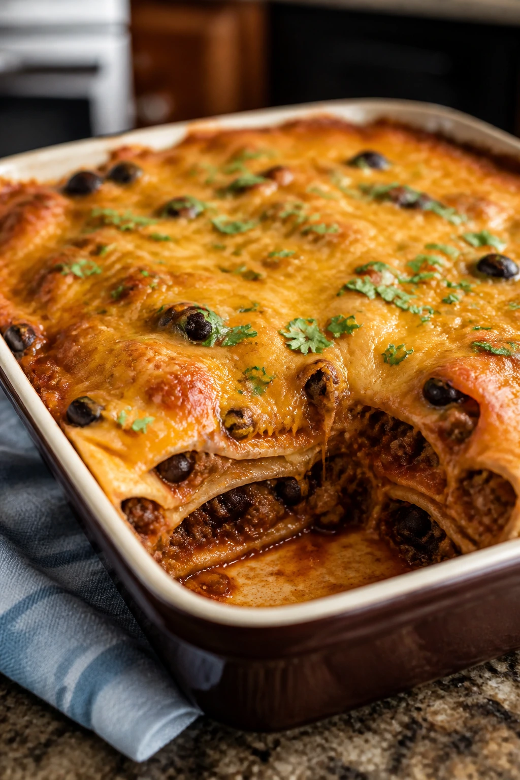 Beef and bean enchilada bake bubbling in a baking dish
