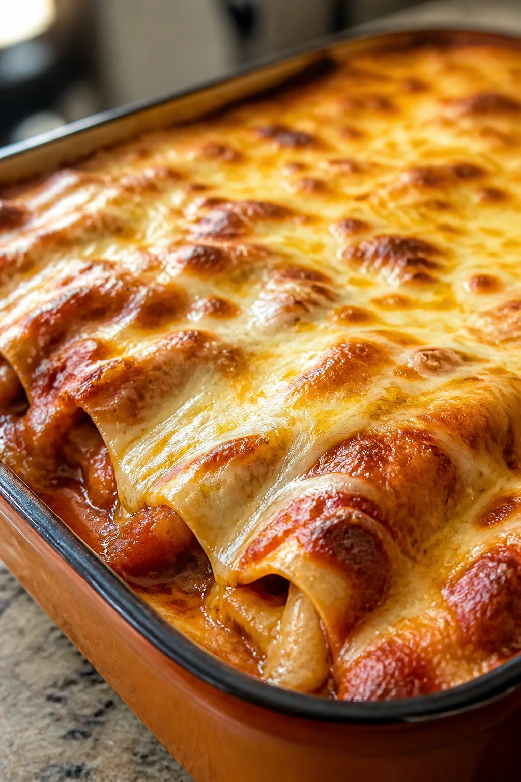 Close-up of bubbly enchilada bake in a baking dish