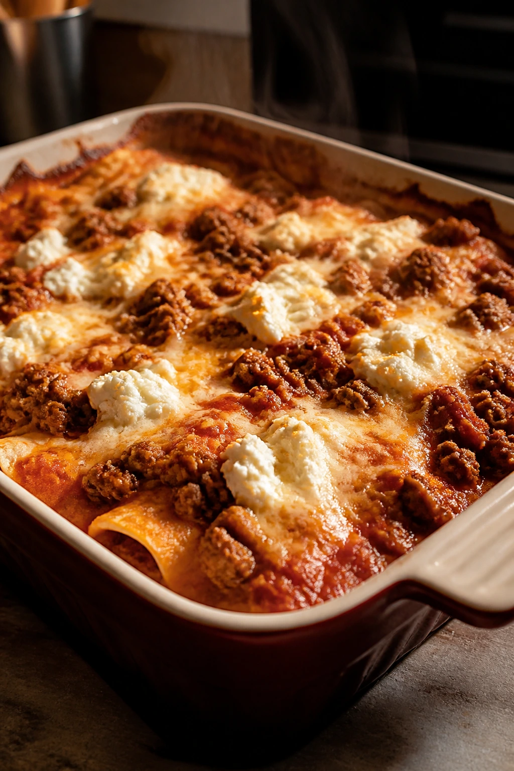 Beef enchilada bake with cottage cheese in casserole dish