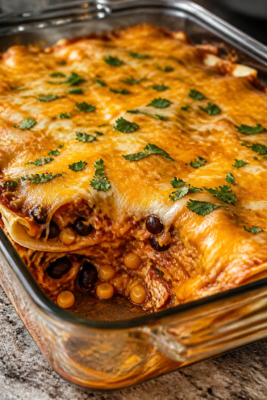 Enchilada casserole with layered tortillas and cheese