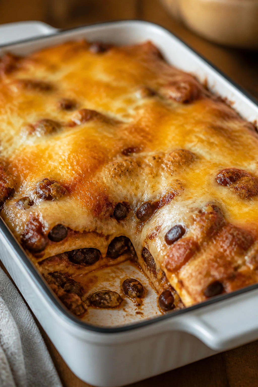 Close-up of bean and cheese enchilada casserole in baking dish