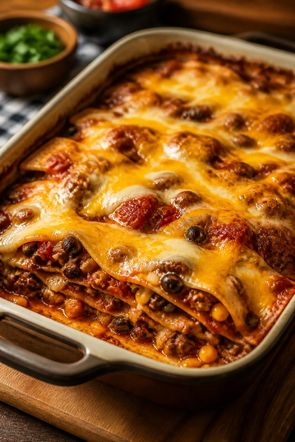Beef enchilada casserole bubbling with cheese.