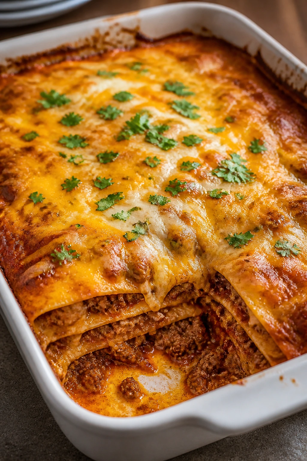 Beef and cheese enchilada casserole in baking dish