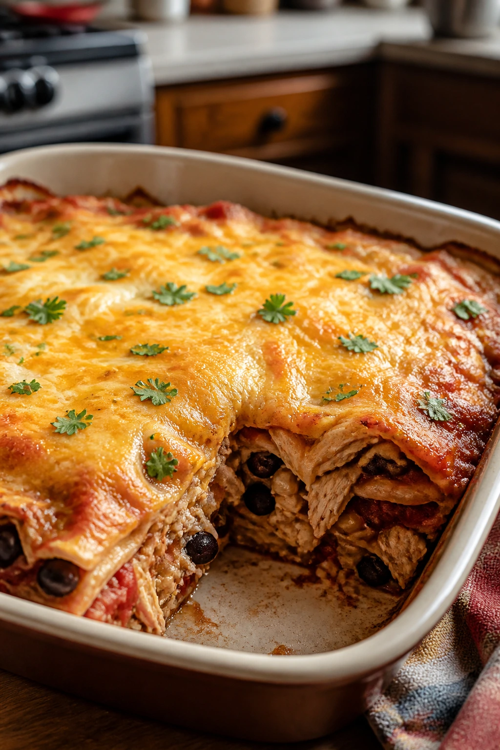 Cheesy chicken enchilada casserole in a baking dish
