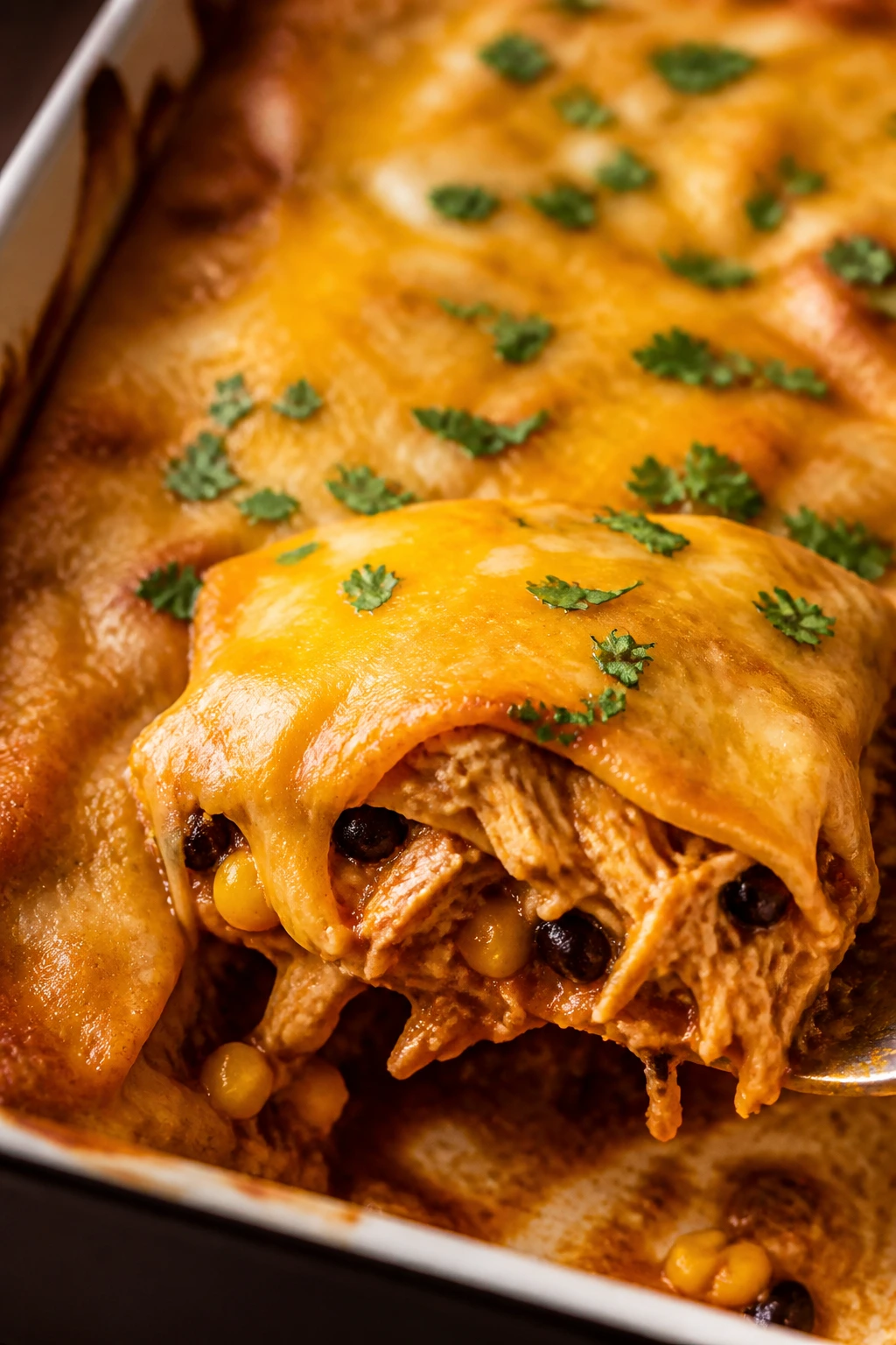 Portion of enchilada casserole with chicken and cheese