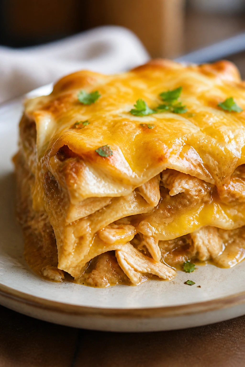 Slice of mild chicken enchilada casserole on a plate