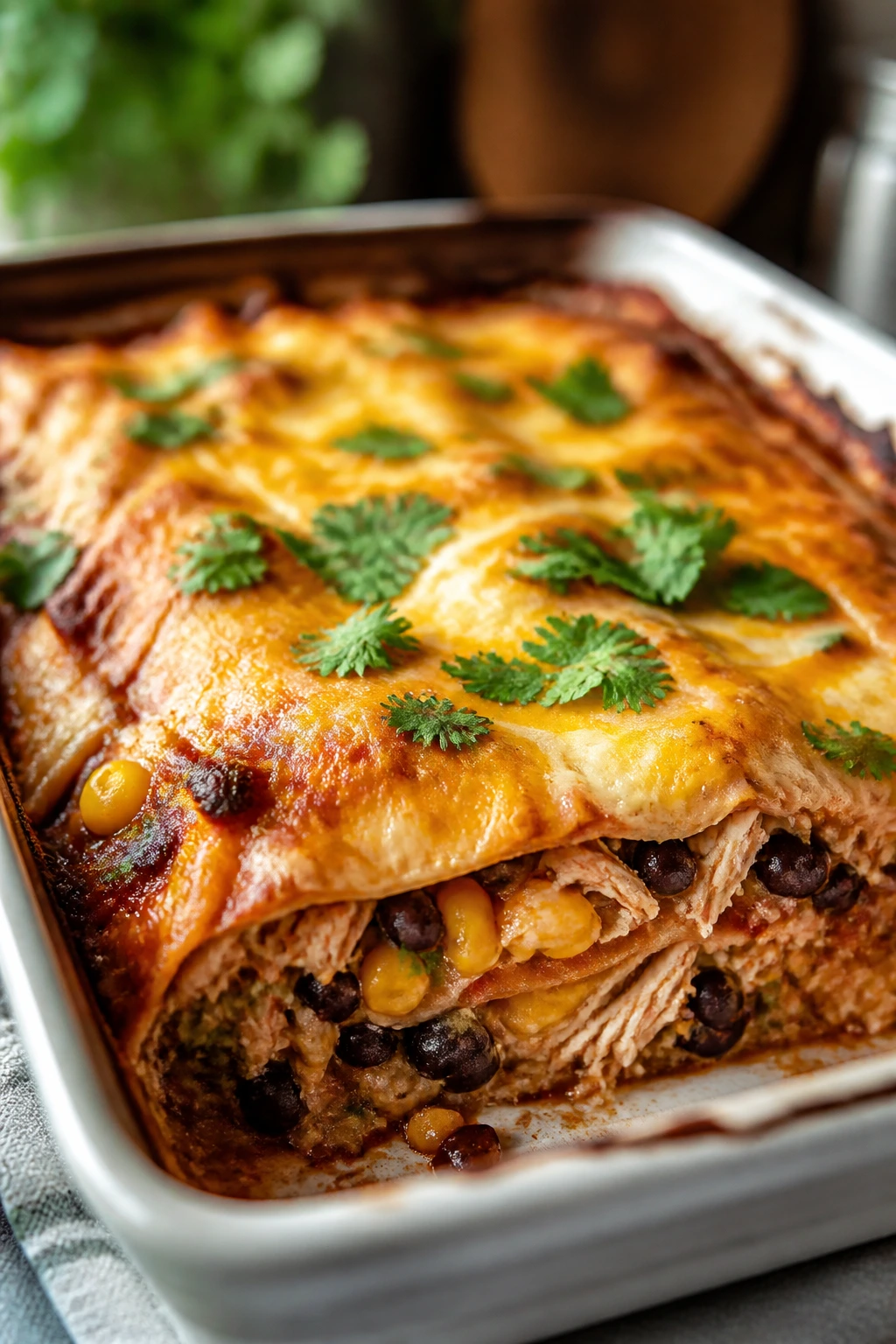 Bubbling chicken enchilada casserole with tortillas and melted cheese