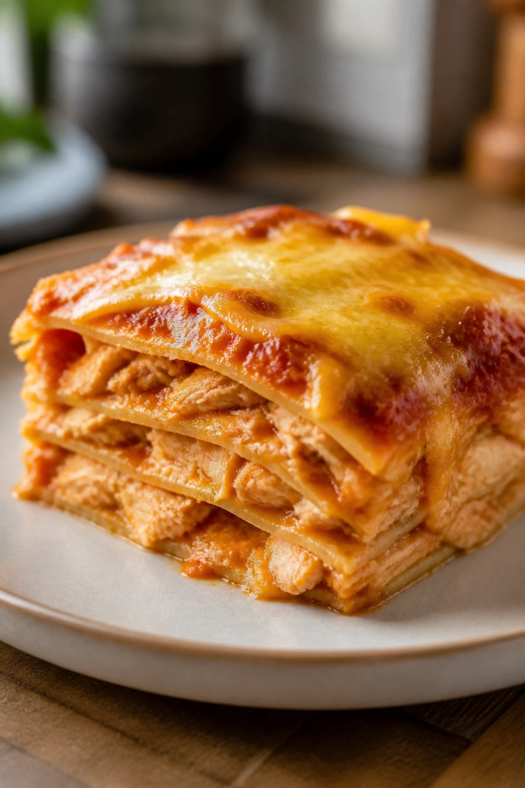 Slice of chicken enchilada casserole with cheese layers