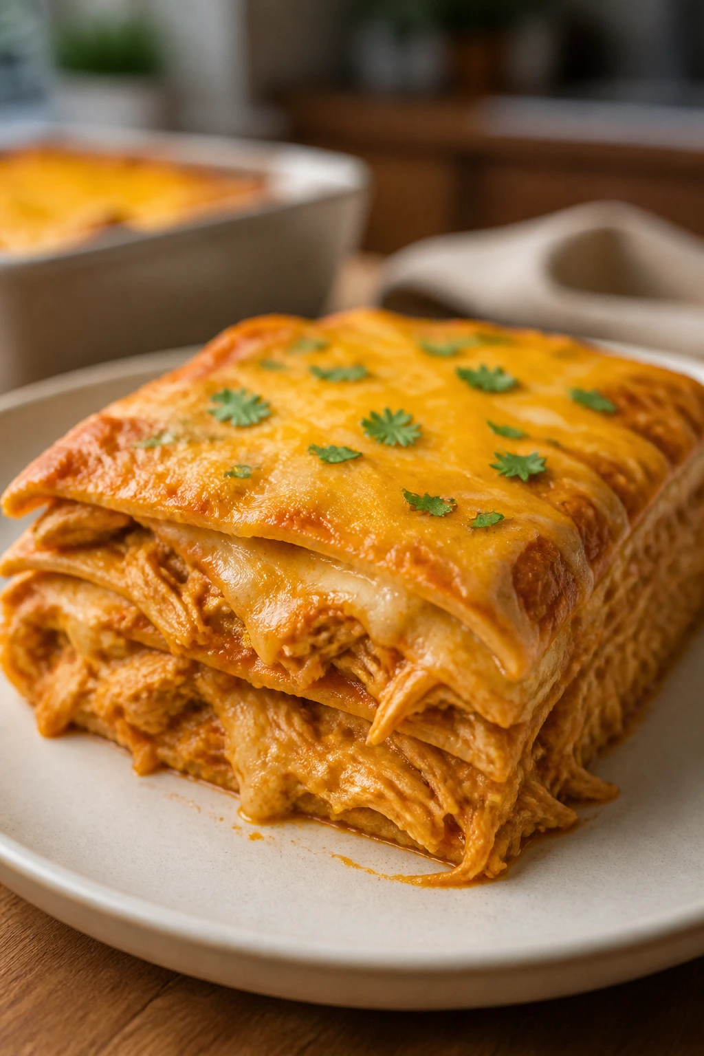 Slice of chicken enchilada casserole with cheese and sauce.
