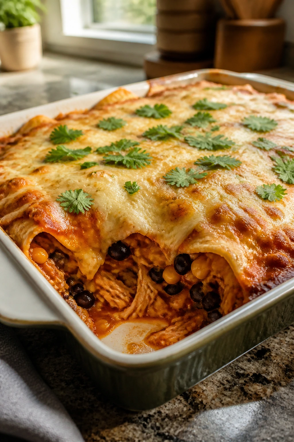 Close-up of Chicken Enchilada Casserole in a baking dish with layered tortillas and melty cheese