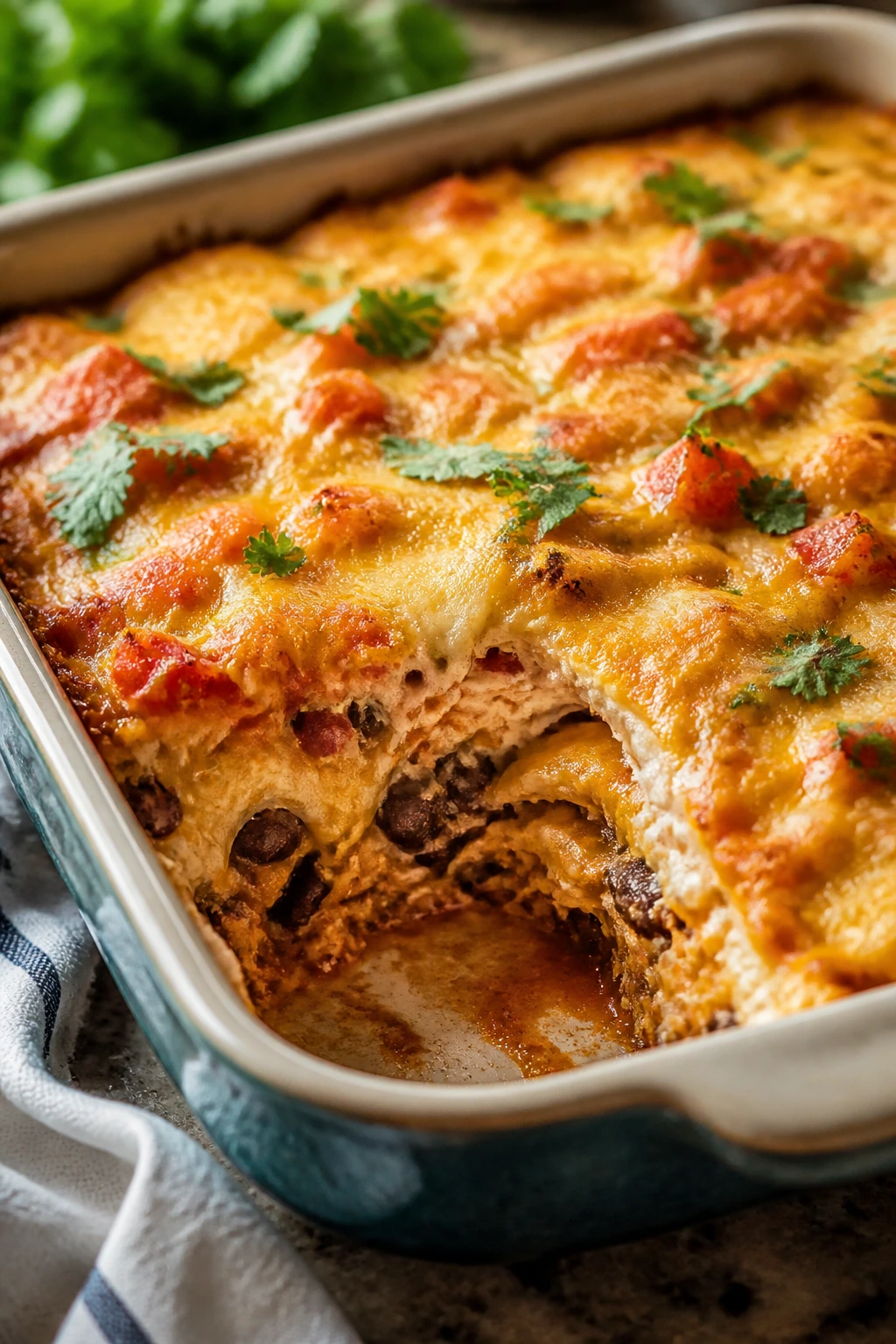 Sliced chicken enchilada casserole with cheese layers